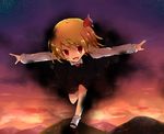  ankle_socks bad_id bad_pixiv_id bent_over blonde_hair darkness fang flying folded_leg hair_ribbon long_sleeves looking_at_viewer mary_janes mountain open_mouth outstretched_arms ribbon rumia shoes short_hair skirt skirt_set sky solo spread_arms star_(sky) starry_sky sunset touhou yamoto_(jai-san24_11) 
