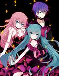  2girls acute_(vocaloid) aqua_eyes aqua_hair bare_shoulders black_background blue_hair choker dress frills guilty_(module) hatsune_miku ichiyou_moka jewelry kaito knife long_hair megurine_luka multiple_girls necklace pink_hair project_diva_(series) project_diva_f sash short_dress strapless strapless_dress striped twintails very_long_hair vocaloid 