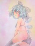  ass bikini black_bikini black_legwear blue_eyes blue_hair bow breasts cirno collarbone hair_bow highres ice ice_wings looking_at_viewer looking_back open_mouth short_hair small_breasts solo swimsuit thighhighs touhou traditional_media watercolor_(medium) wings yuyu_(00365676) 
