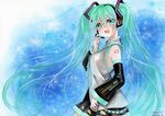  :d green_eyes green_hair hair_ornament hatsune_miku headset long_hair looking_at_viewer mosho open_mouth smile solo traditional_media twintails very_long_hair vocaloid 