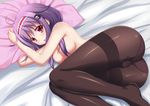  ass breasts hair_ornament hairband highres kantai_collection knees_together long_hair lying medium_breasts nipples nude on_bed on_side open_mouth panties panties_under_pantyhose pantyhose pillow purple_hair red_eyes ryuuhou_(kantai_collection) solo taigei_(kantai_collection) thighband_pantyhose toid310 topless underwear 