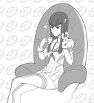  1girl :t animated animated_gif boots chair crossed_legs cup doughnut dress eating food greyscale hair_ornament hairclip highres junketsu kill_la_kill kiryuuin_satsuki kuso_otoko long_hair monochrome pinky_out sitting solo teacup thigh_boots thighhighs 
