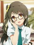  bespectacled brown_eyes brown_hair glasses long_hair looking_at_viewer love_live! love_live!_school_idol_project minami_kotori ogipote one_side_up open_mouth school_uniform smile solo 
