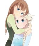  anna anna_(frozen) blonde_hair blue_eyes braid brown_hair elsa elsa_(frozen) freckles frozen_(disney) hug siblings sisters sou_(pixiv2760884) tuhut 