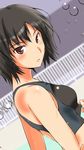  amagami black_hair bob_cut brown_eyes competition_swimsuit dutch_angle highres looking_back murasaki_iro nanasaki_ai one-piece_swimsuit short_hair solo swimsuit swimsuit_tug 