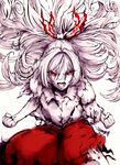  :o bow clenched_hands collarbone fighting_stance fujiwara_no_mokou gel_shu hair_bow highres long_hair looking_at_viewer open_mouth pants red_eyes red_pants serious shirt simple_background solo torn_clothes touhou v-shaped_eyebrows very_long_hair white_background 