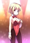  alternate_costume black_legwear blonde_hair blush bow bowtie breasts bunny_tail bunnysuit cleavage detached_collar hair_ribbon highres leotard looking_at_viewer medium_breasts nakamura_kusata pantyhose red_eyes red_leotard ribbon rumia short_hair solo tail touhou tray wrist_cuffs 