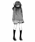  blush bow coat crying full_body greyscale half-closed_eyes highres jpeg_artifacts kawai_makoto kneehighs loafers monochrome original plaid plaid_bow plaid_ribbon pleated_skirt ribbon sad scarf scarf_over_mouth school_uniform shoes simple_background skirt solo standing tears white_background 