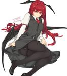  artist_name hair_between_eyes head_wings koakuma long_hair lying necktie panties panties_under_pantyhose pantyhose red_eyes red_hair red_neckwear rokuwata_tomoe simple_background skirt smile solo thighband_pantyhose touhou underwear vest white_background white_panties wings 