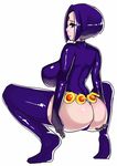  ass belt breasts dc_comics forehead_jewel large_breasts leotard light_smile lips purple_hair raven_(dc) short_hair solo squatting teen_titans thighhighs thong_leotard zxc 