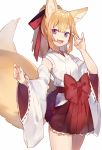  1girl :3 :d \n/ animal_ears bangs bare_shoulders blonde_hair bow breasts cowboy_shot detached_sleeves fang fox_ears fox_tail hair_ribbon hakama_skirt hand_up japanese_clothes long_hair long_sleeves looking_at_viewer open_mouth original pleated_skirt ponytail purple_eyes red_bow red_ribbon red_skirt ribbon ribbon_trim shugao sidelocks simple_background skirt small_breasts smile solo standing tail thick_eyebrows white_background wide_sleeves 