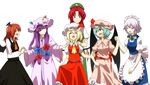  ascot bad_id bad_pixiv_id bat_wings blonde_hair blue_bow blue_hair blush bow braid closed_eyes crescent crescent_hair_ornament dress fang flandre_scarlet frills hair_bow hair_ornament hair_ribbon hand_on_shoulder hat hat_ribbon head_wings highres holding_hands hong_meiling izayoi_sakuya koakuma long_hair maid maid_headdress mob_cap multiple_girls open_mouth patchouli_knowledge pink_dress puffy_short_sleeves puffy_sleeves purple_hair red_bow red_eyes red_hair red_ribbon remilia_scarlet ribbon shiratama_(hockey) short_hair short_sleeves silver_hair smile touhou twin_braids white_background wings wrist_cuffs 