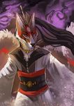  canine centradragon facial_markings fox hair japanese_clothing kimono long_hair male mammal markings necklace purple_eyes smile solo 