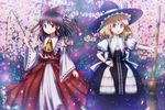  anime_coloring ascot bad_id bad_pixiv_id blonde_hair blue_eyes blush bow braid broom brown_hair cherry_blossoms curiosities_of_lotus_asia detached_sleeves flower gohei hair_bow hair_tubes hakurei_reimu hand_on_hip hat kirisame_marisa long_hair looking_at_another multiple_girls night nin_(female) petals red_eyes ribbon short_hair sky smile star_(sky) starry_sky touhou witch_hat 