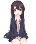  :d black_hair blazer blue_eyes blush cardigan hands_clasped highres jacket kou_mashiro long_hair looking_at_viewer open_blazer open_clothes open_jacket open_mouth original own_hands_together plaid plaid_skirt school_uniform simple_background sitting skirt smile solo sweater very_long_hair white_background 