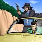  arsene_lupin_iii black_hair broken_glass brown_eyes car castle_of_cagliostro cloud clouds facial_hair fiat_500 formal glass gun handgun hat jigen_daisuke lupin_iii motor_vehicle murasaki0 pistol revolver sky steering_wheel suit vehicle weapon 