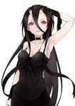  akiha_(attract) arm_up armpits bad_id bad_pixiv_id bare_shoulders battleship_hime black_dress black_hair breasts choker cleavage dress hair_between_eyes horns kantai_collection long_hair looking_at_viewer medium_breasts oni_horns parted_lips red_eyes shinkaisei-kan sidelocks simple_background solo tongue tongue_out white_background 