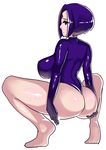  absurdres ass bare_legs barefoot breasts dc_comics forehead_jewel highres large_breasts leotard purple_hair raven_(dc) short_hair solo squatting teen_titans thong_leotard zxc 
