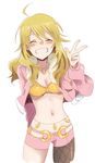  ^_^ ahoge azucham bad_id bad_pixiv_id blonde_hair blush breasts cleavage closed_eyes grin highres hoshii_miki idolmaster idolmaster_(classic) jacket jewelry long_hair medium_breasts midriff navel necklace open_clothes open_jacket pink_diamond_765 smile solo v 