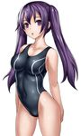  breasts chestnut_mouth competition_swimsuit covered_navel highleg highleg_swimsuit katagiri_(a1466502) large_breasts long_hair one-piece_swimsuit original purple_eyes purple_hair simple_background solo swimsuit thighs twintails white_background 