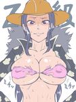  breast_expansion breasts bursting_breasts hat kuro_fn large_breasts nico_robin one_piece one_piece_film_z purple_eyes sweat torn_clothes 