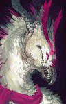  ambiguous_gender avian beak bird centradragon horn hybrid looking_at_viewer pink_eyes pink_feathers pink_sclera plain_background purple_eyes scarf sharp_teeth solo teeth white_feathers 