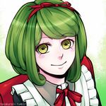  bow close-up danganronpa green_eyes green_hair hair_bow hairband janelle lowres monaka_(danganronpa) short_hair smile solo yellow_eyes zettai_zetsubou_shoujo 