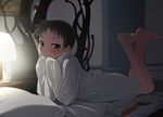  agemono bad_id bad_pixiv_id bare_legs barefoot black_eyes black_hair blush darkness dress_shirt fullmetal_alchemist indoors lamp long_sleeves male_focus on_bed pillow pride red_eyes selim_bradley shirt sleeves_past_wrists smile solo spoilers 