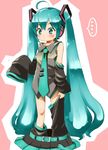  1girl age_regression aqua_eyes aqua_hair child detached_sleeves hatsune_miku kamidou_arashi long_hair long_sleeves necktie oversized_clothes skirt skirt_around_ankles sleeves_past_fingers sleeves_past_wrists solo thighhighs_pull twintails very_long_hair vocaloid younger 