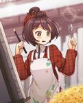  ahoge apron art_brush beret brown_eyes brown_hair canvas_(object) drooling easel food fried_rice girlfriend_(kari) hat long_sleeves ooyama_mayuri paintbrush painting short_hair solo spoon takahashi_riku 