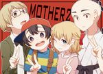  3boys black_eyes black_hair blonde_hair blue_eyes bow bowtie glasses green_eyes hat jeff_andonuts mother_(game) mother_2 multiple_boys ness one_eye_closed paula_(mother_2) poo_(mother_2) ribbon shifumame v 