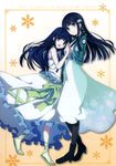  :d absurdres bangs black_legwear blue_eyes blue_hair blunt_bangs boots dress dual_persona flower frilled_dress frills hair_flower hair_ornament hairclip hands_together highres ikawa_waki long_hair looking_at_viewer mahouka_koukou_no_rettousei multiple_girls necktie official_art open_mouth pantyhose sandals scan school_uniform shiba_miyuki smile snowflakes time_paradox white_dress younger 