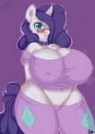  big_breasts blue_eyes blush breasts cbatie11 cleavage clothed clothing colar collar equine eyewear female friendship_is_magic fur glasses hair hair_over_eye hi_res hooves horn horse looking_at_viewer mammal my_little_pony navel obese overweight pony purple_hair pussy rarity_(mlp) solo standing unicorn white_fur 