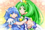  2girls aoki_reika bike_shorts blue_eyes blue_hair blue_skirt boots carrying choker cure_beauty cure_march green_choker green_eyes green_hair hair_tubes head_wings long_hair magical_girl midorikawa_nao multiple_girls ponytail precure princess_carry shorts shorts_under_skirt skirt smile smile_precure! tiara tri_tails wrist_cuffs yuri 