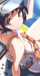  black_hair brown_eyes diving_mask diving_mask_on_head from_above kantai_collection looking_at_viewer maru-yu_(kantai_collection) one-piece_swimsuit school_swimsuit short_hair sitting solo swimsuit tsuuhan white_school_swimsuit white_swimsuit 