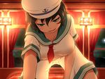  assertive black_hair breasts cleavage come_hither commentary_request curtains girl_on_top green_eyes hat large_breasts looking_at_viewer murasa_minamitsu naughty_face neckerchief open_mouth sailor_hat shirosato shirt shorts smile solo touhou window 