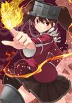  brown_hair brown_skirt fire kantai_collection long_hair nueco red_eyes ryuujou_(kantai_collection) skirt solo twintails visor_cap 