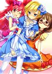  bad_id bad_pixiv_id blonde_hair blue_eyes blush bow brown_hair caron_(lady_jewelpet) dress flower glasses hair_bow hair_bun hair_flower hair_ornament jewelpet_(series) keikotsu lady_jewelpet long_hair mizuki_(lady_jewelpet) momona multiple_girls one_eye_closed orange_eyes polka_dot polka_dot_bow red_eyes ribbon short_hair 