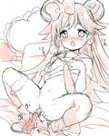  bad_id bad_pixiv_id blush bottomless bow double_bun hair_bow hair_ornament jewelpet_(series) lady_jewelpet long_hair looking_at_viewer masturbation melompan momona monochrome necktie open_mouth panties panties_around_one_leg pillow polka_dot polka_dot_bow pussy sketch underwear 