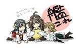  ahoge boots brown_eyes brown_hair detached_sleeves egg glasses green_eyes hands_on_own_cheeks hands_on_own_face haruna_(kantai_collection) hiei_(kantai_collection) holding japanese_clothes kantai_collection kongou_(kantai_collection) long_hair lying multiple_girls nerokuro nontraditional_miko on_stomach plaid plaid_skirt purple_eyes ribbon-trimmed_sleeves ribbon_trim short_hair skirt thigh_boots thighhighs translation_request 