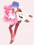  1girl blue_hair bow carrying cayenne_(lady_jewelpet) clothes_around_waist double_bun hair_bow hair_ornament jewelpet_(series) lady_jewelpet long_hair momona necktie open_mouth orange_eyes polka_dot polka_dot_bow princess_carry red_hair ribbon riomario short_hair skirt 