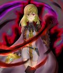  1girl artist_request aura blonde_hair boots breasts cape corruption dark_aura dress evil_smile genderswap gloves heterochromia light_smile long_hair looking_at_viewer parted_lips purple_eyes richard_(tales_of_graces) smile sword tales_of_(series) tales_of_graces thigh_boots thighhighs weapon yellow_eyes 