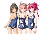  black_hair blush breasts brown_eyes brown_hair i-168_(kancolle) i-401_(kancolle) i-58_(kancolle) kaminagi_(kaminagi-tei) kantai_collection long_hair nipples ponytail red_eyes red_hair school_swimsuit short_hair swimsuit torn_clothes white 