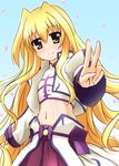  blonde_hair diesel-turbo long_hair lyrical_nanoha mahou_shoujo_lyrical_nanoha mahou_shoujo_lyrical_nanoha_a's mahou_shoujo_lyrical_nanoha_a's_portable:_the_gears_of_destiny midriff navel solo u-d v very_long_hair yellow_eyes 