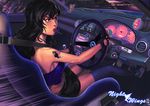  black_eyes black_hair breasts candy car car_interior commentary death_(entity) driving fingerless_gloves food gloves ground_vehicle halter_top halterneck heart heart-shaped_pupils lollipop miniskirt motor_vehicle mouth_hold nissan nissan_silvia original pencil_skirt right-hand_drive ryu_shou serafina_juno shoes sideboob skirt sneakers socks solo symbol-shaped_pupils tattoo thighhighs 