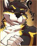  anthro badge biceps black_fur black_nose canine claws clef clefwolf fasttrack37d fur male mammal musical_note plain_background solo white_fur wolf yellow_fur 