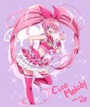  1girl blue_eyes blush bow character_name choker cure_melody curly_hair earrings frilled_skirt frills hair_bow hairband heart heart_earrings houjou_hibiki jewelry long_hair magical_girl midriff musical_note one_eye_closed pink_bow pink_choker pink_hair precure skirt solo suite_precure thighhighs twintails very_long_hair zettai_ryouiki 