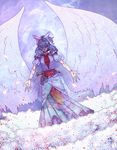 angel_wings bad_deviantart_id bad_id blue_eyes blue_hair bow commentary dizmathik dress hair_bow highres looking_at_viewer mai_(touhou) outstretched_arms pink_bow puffy_short_sleeves puffy_sleeves short_sleeves touhou touhou_(pc-98) wings 