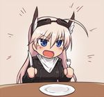  ahoge animated animated_gif blonde_hair blue_eyes blush chibi fork goggles goggles_on_head hanna-justina_marseille knife long_hair lowres military military_uniform non-web_source null_(nyanpyoun) open_mouth plate smile solo strike_witches uniform world_witches_series 