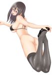  ass bare_shoulders black_hair blush bottomless breasts brown_eyes crying large_breasts long_hair looking_at_viewer lying muffin_(sirumeria) no_panties on_stomach open_mouth original shiny simple_background solo string_bikini sweat tears thighhighs white_background 